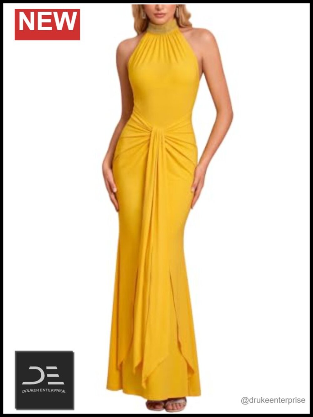 Womens Rhinestone Halter Bodycon Maxi Dress Sleeveless Knotted Waist Formal